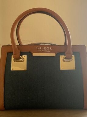 GUESS Los Angeles Denim & Tan multi-compartment Handbag w/strap NWT